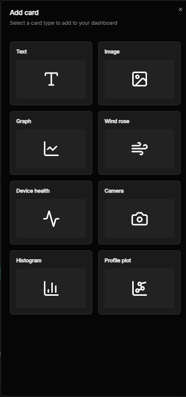 The Add card panel, offering Text, Image, Graph, Wind rose, Device health, Camera, Histogram and Profile plot