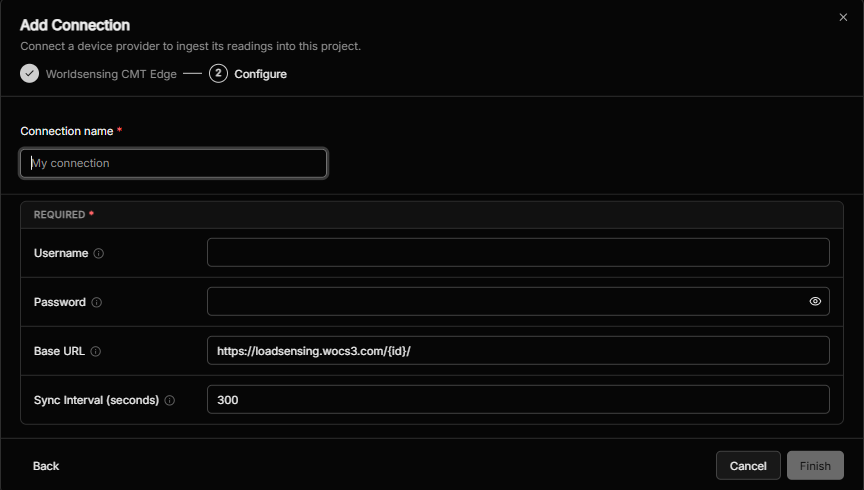 The Configure step for Worldsensing CMT Edge, asking for a connection name, username, password, base URL and sync interval
