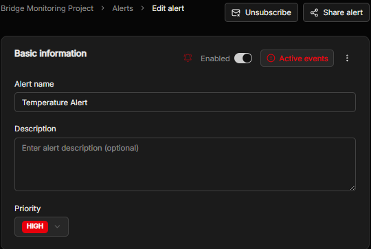 The Basic information section of an alert, with name, description, priority and an Enabled toggle