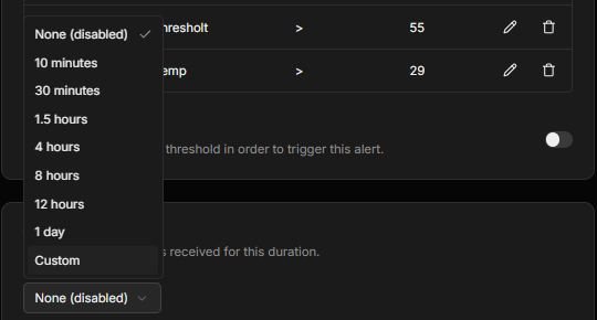 The Connection status duration list, from 10 minutes to 1 day, plus a custom option
