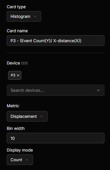 Histogram card settings, with device, metric, bin width and display mode