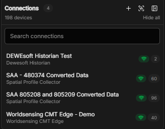 The connections pane listing four connections, each with its type and device count
