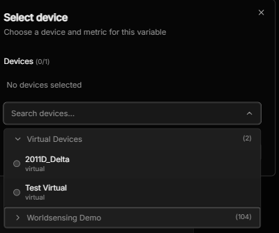The Select device dialog, with devices grouped by connection and a Virtual Devices group at the top