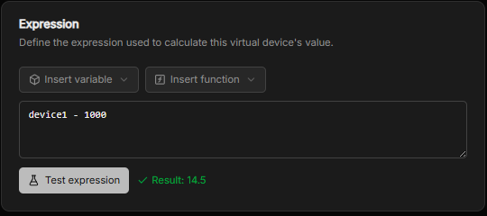 The Expression section with Insert variable and Insert function controls, an expression, and a Test expression button